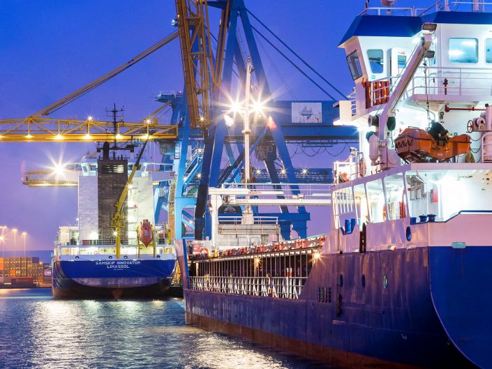 A twighlight maritime photograph of ships in an East Yorkshire port.