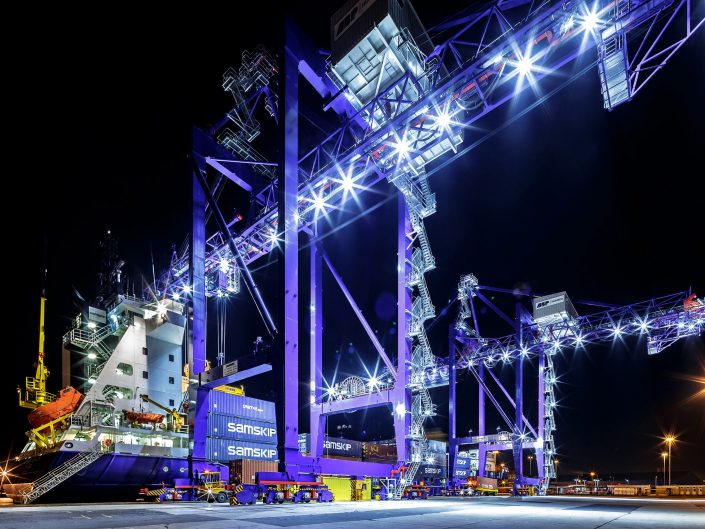 A ship discharging containers at night at Hull ABP container terminal in East Yorkshire.