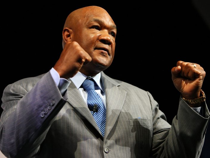 Press Photography of former Boxer George Foreman in a conference venue in East Yorkshire.