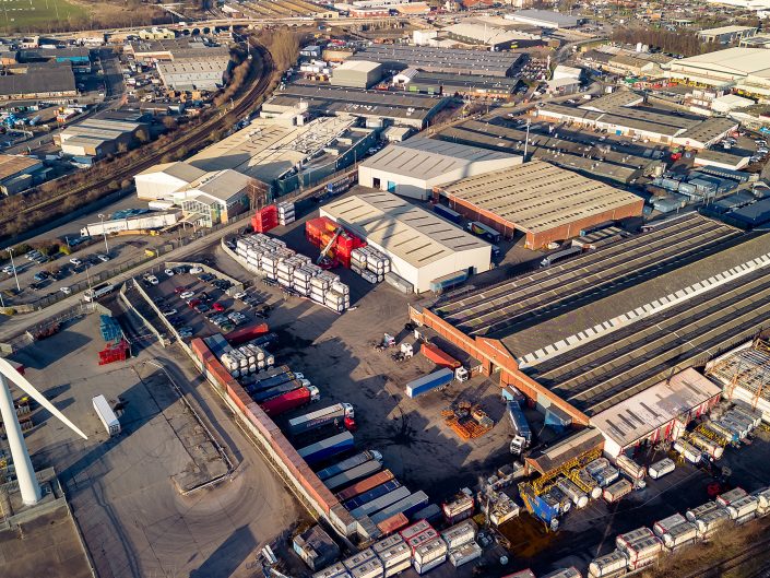 Industrial drone photography of haulage container and warehousing storage facilities in Hull, East Yorkshire