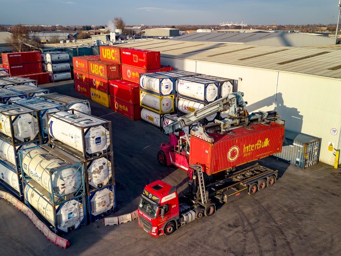 Industrial aerial photograph taken with a drone of a haulage container storage facility in Hull, East Yorkshire