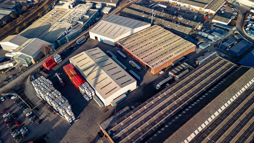 Industrial aerial drone photograph of a logistics warehousing storage facility in Hull, East Yorkshire