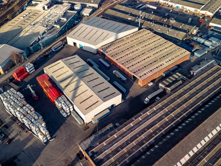 Industrial aerial drone photograph of a logistics warehousing storage facility in Hull, East Yorkshire
