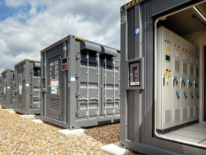 Row of battery containers at Creyke Beck Battery Storage facilities in Cottingham, East Yorkshire.