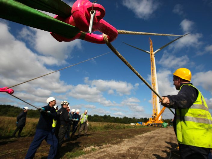 Blade installation at a wind farm location in East Yorkshire.