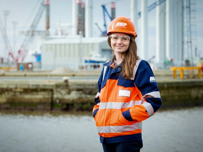 Company PR Photograph of female ABP employee at the docks in Hull, East Yorkshire.