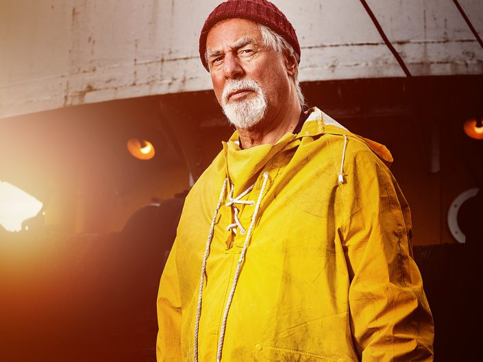 PR Photography of English actor Barrie Rutter OBE, on a trawler in Grimsby, Lincolnshire.