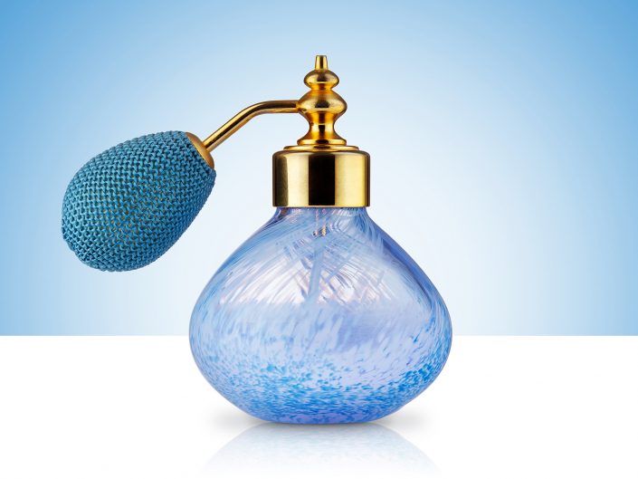 Product photography, Blue Glass Perfume Atomiser Bottle for a client in Hull, Est Yorkshire.