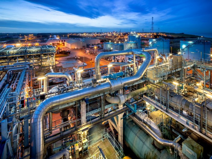 Twighlight photograph of a gas storage facility in Easington, East Yorkshire.