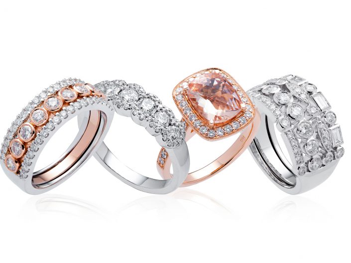 Rose and white gold with diamond rings, Jewellery photography in Hull, East Yorkshire.