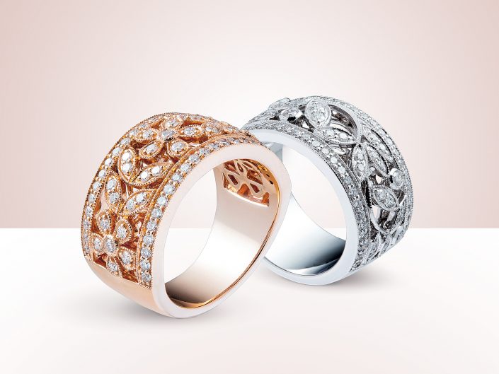 Rose gold and Wite gold rings with diamonds, photographed on a pink background in a Jewellery photography studio in East Yorkshire.