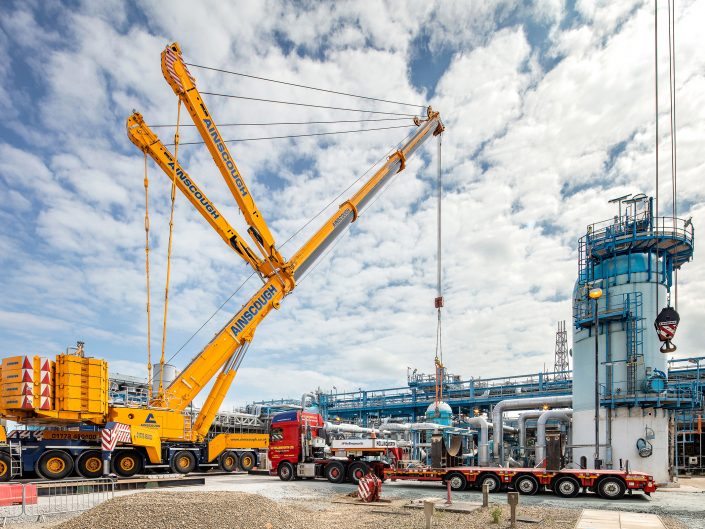 industrial photograph of crane lifting a storage vessel at Centrica, Easington, East Yorkshire.