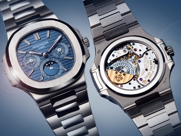 Patek Pilippe luxury watch photograph showing the blue dial and detailed watch movement. Image used for website and magazine advertising.