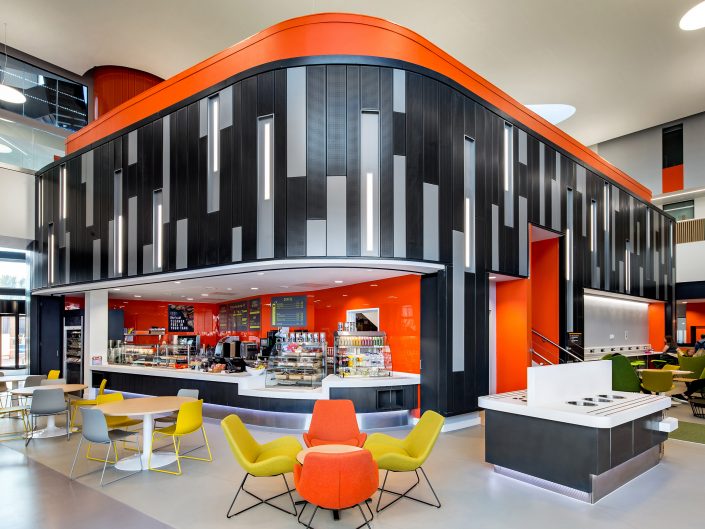 Interior architecture photograph of a refectory at Hull University, East Yorkshire.