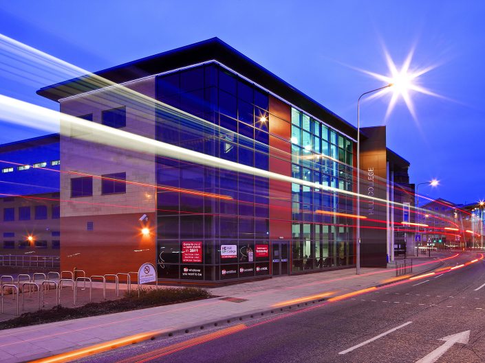 Creative Architectural photograph of a college building at dusk in East Yorkshire.