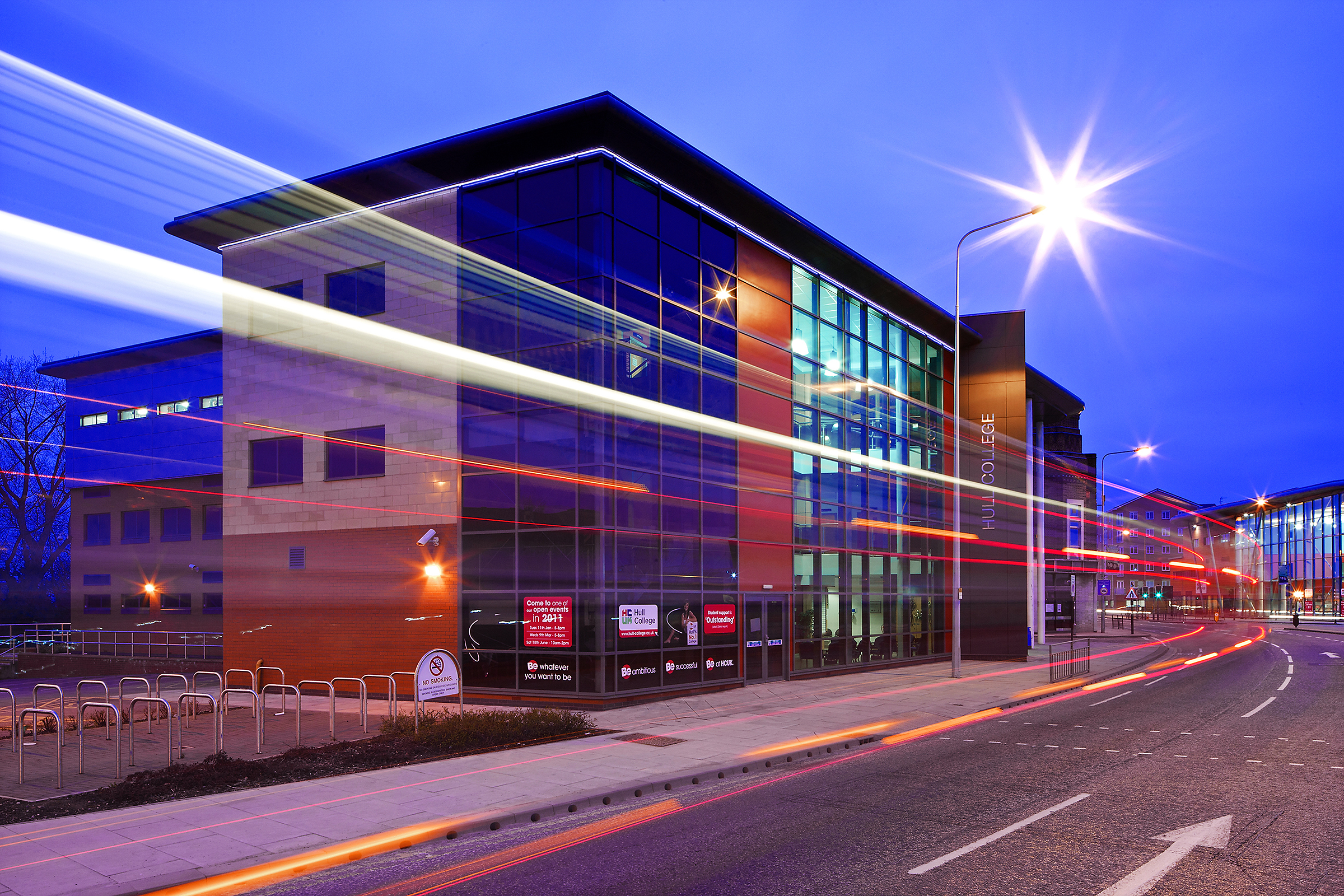 Creative Architectural photograph of a college building at dusk in East Yorkshire.